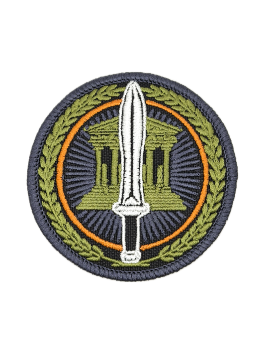 Circular patch with a sword and temple design on a white background pantheon