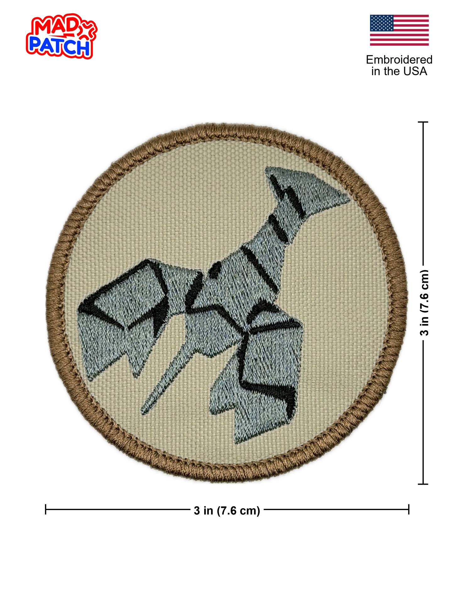 Patch with burnt lobster design on beige background, dimensions indicated, Mad Patch brand visible