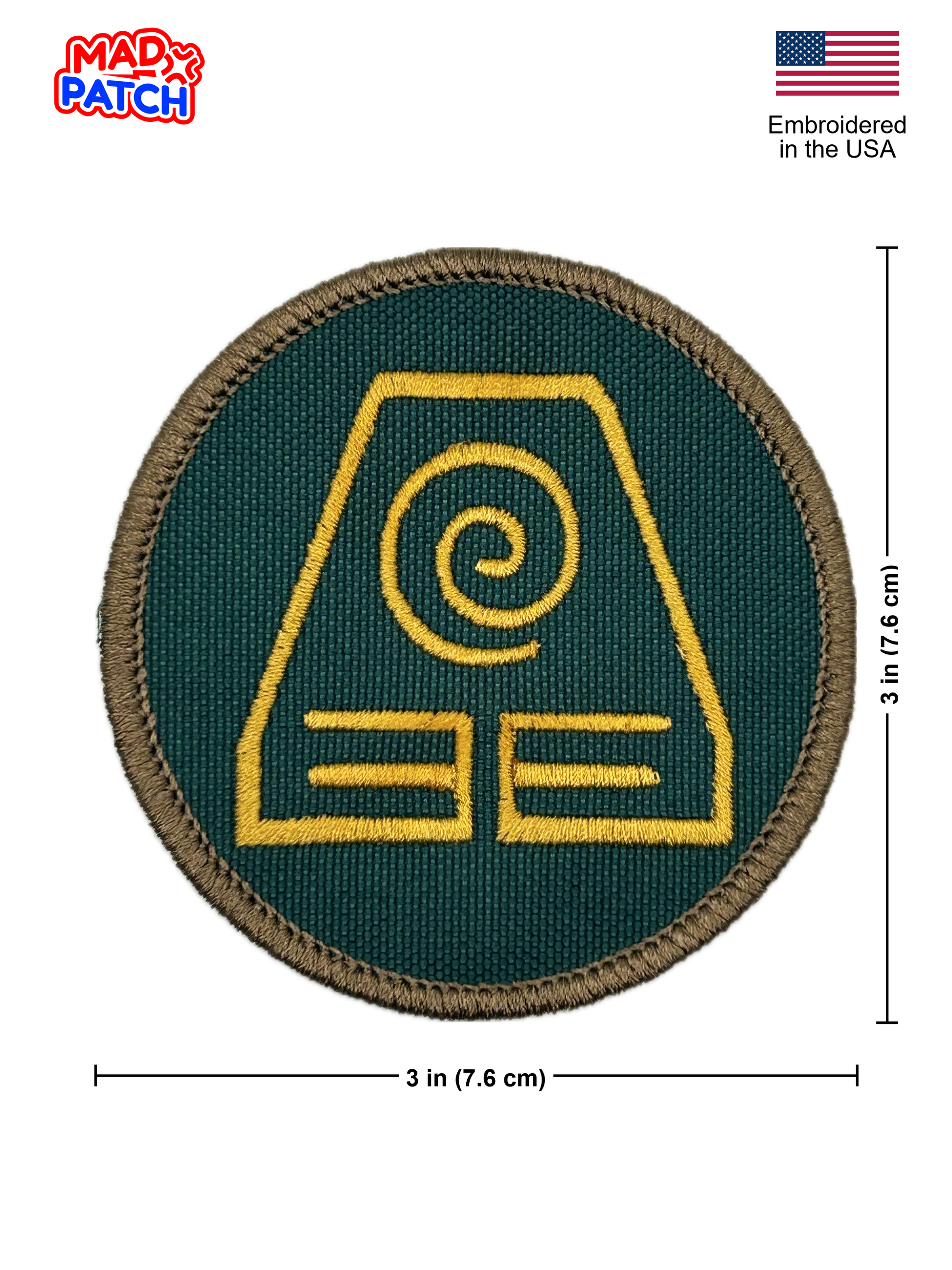 Green patch with yellow earthbending design and Mad Patch branding, embroidered in the USA.
