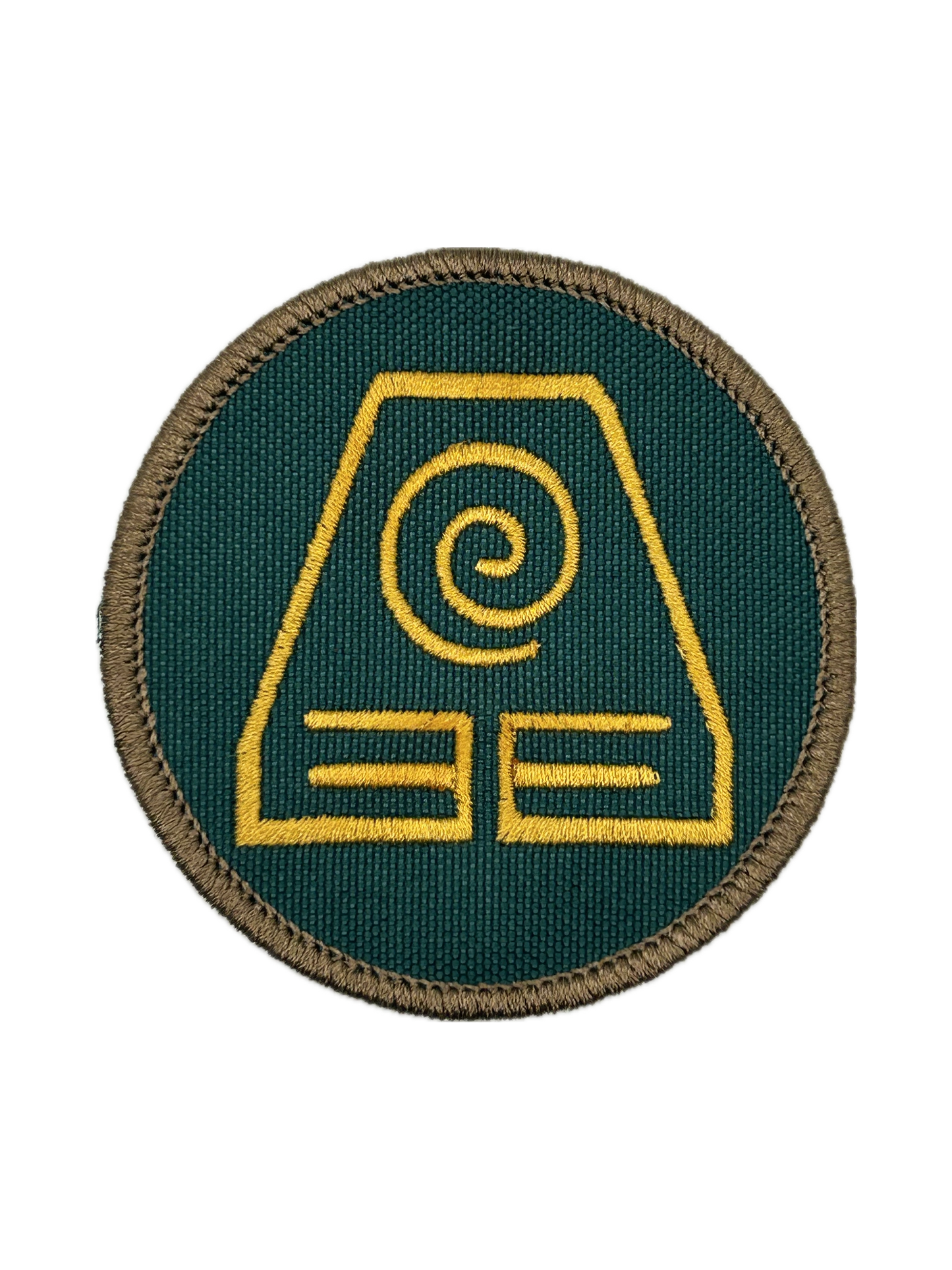Circular patch with an earthbending yellow symbol on a green background