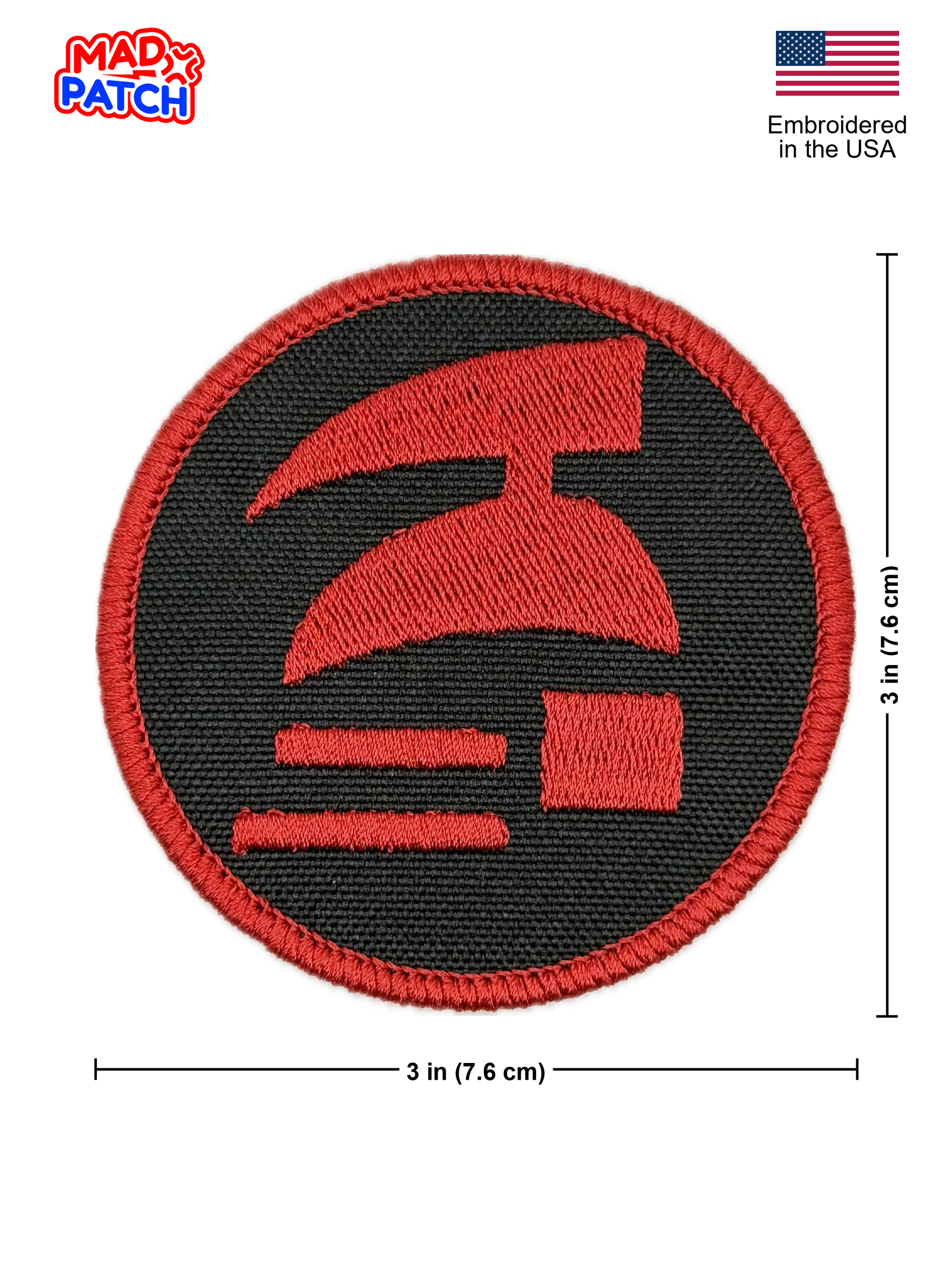 Red and black embroidered patch with measurements on a white background