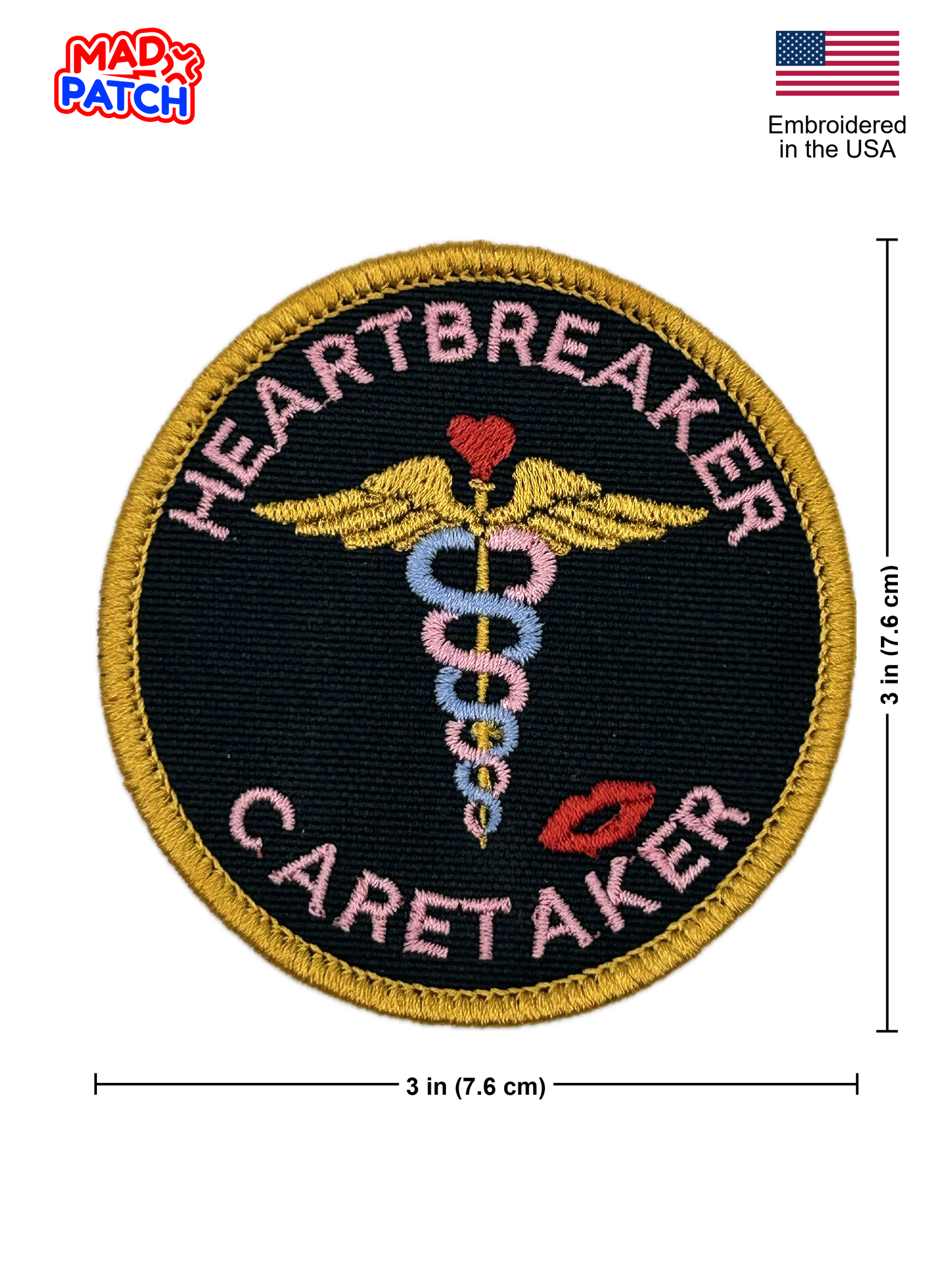 Embroidered patch with 'Heartbreaker Caretaker' design and Mad Patch branding.