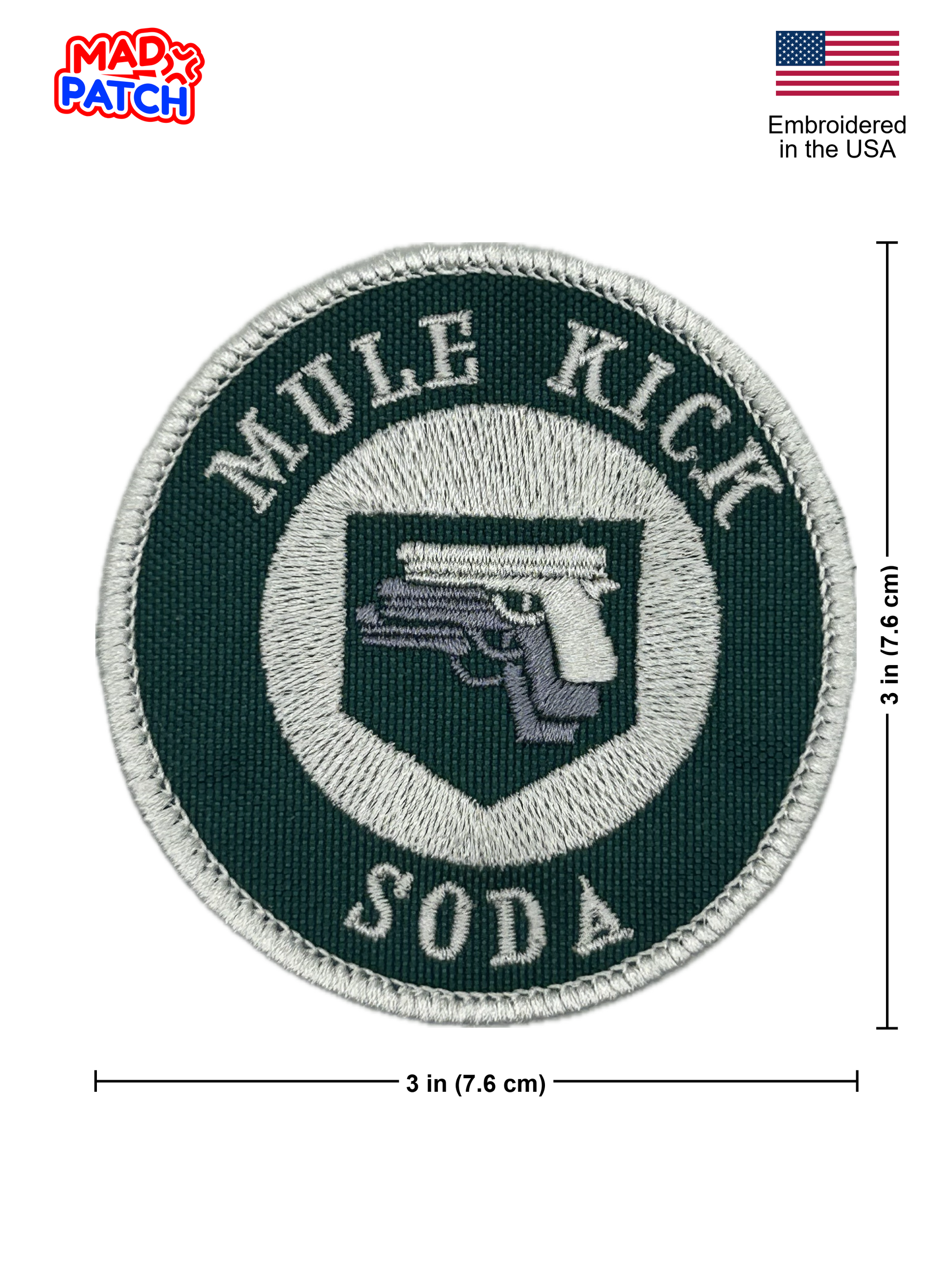 Mule Kick Soda patch with gun graphic and dimensions on a white background