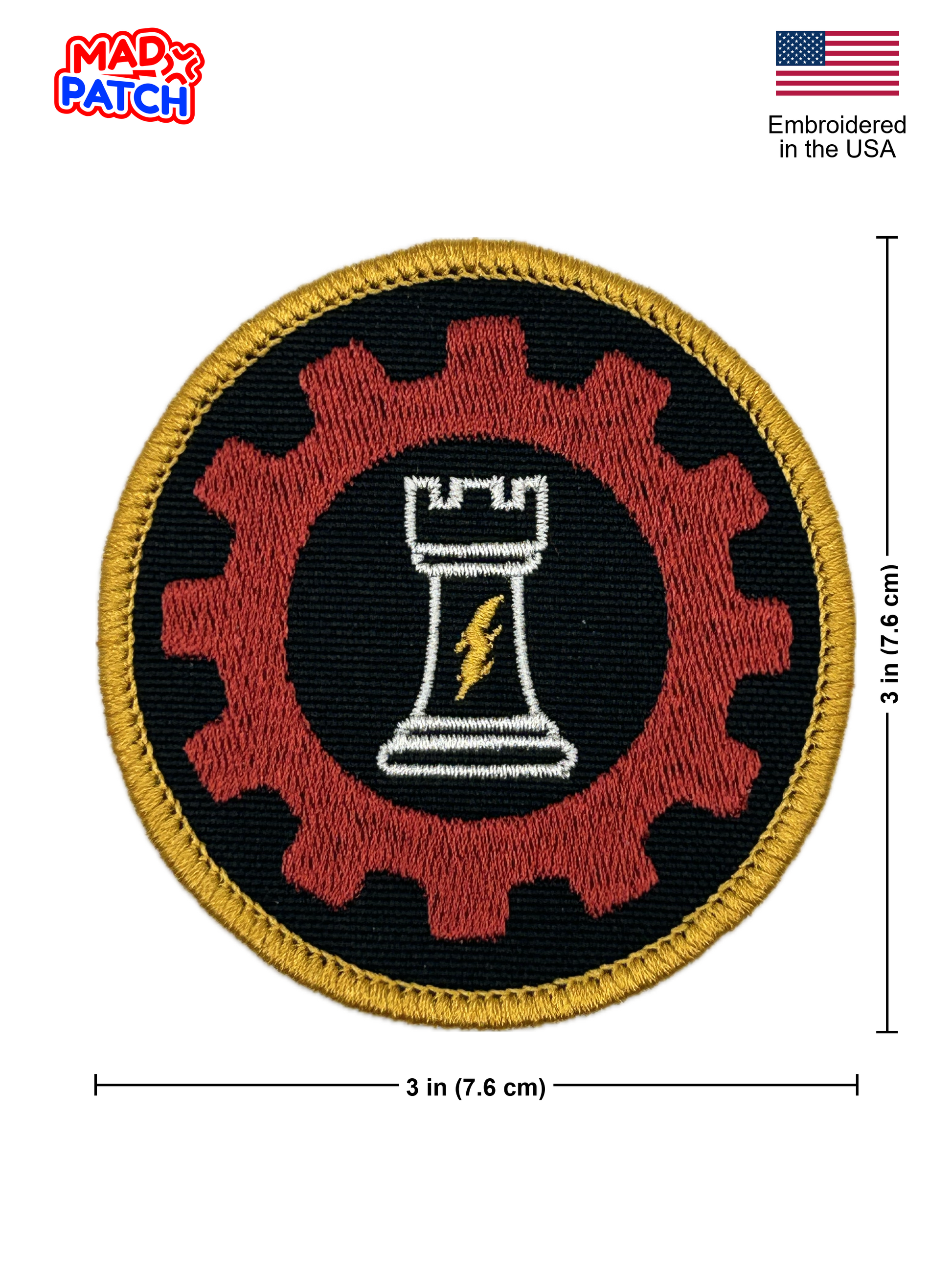 Embroidered patch with a chess piece and gear design, featuring Mad Patch branding and American flag.
