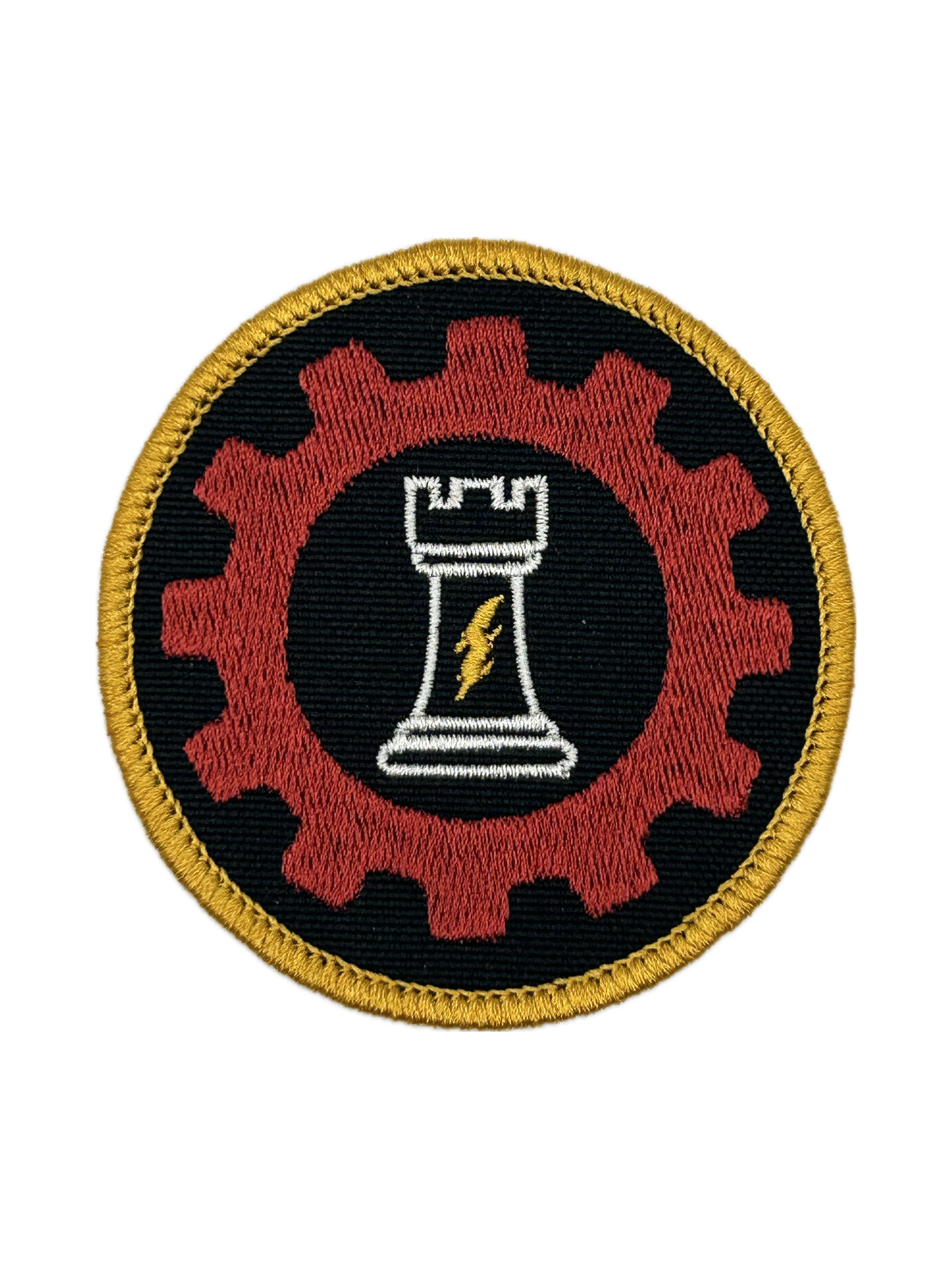 Circular patch with a red gear, white chess piece, and yellow border for ordo reductor on a black background