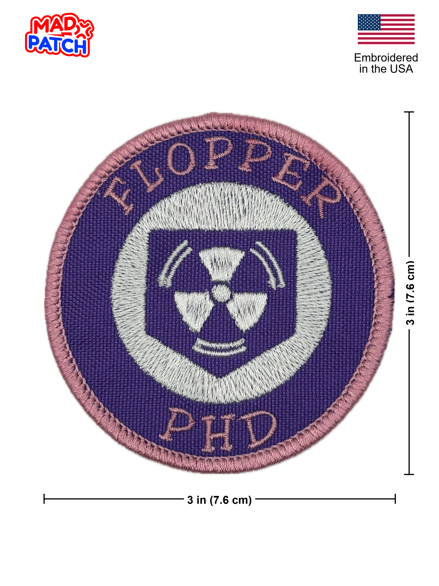 Embroidered patch with 'FLOPPER PHD' design on a white background, featuring Mad Patch branding.