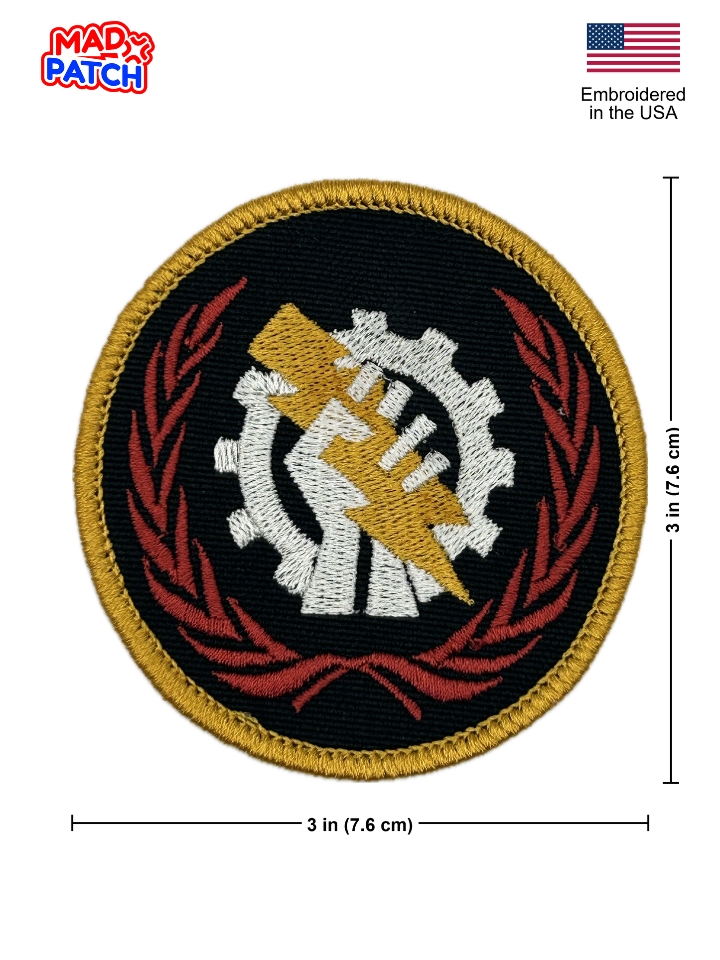 Round patch with gear and hand design, embroidered in the USA, on a white background.