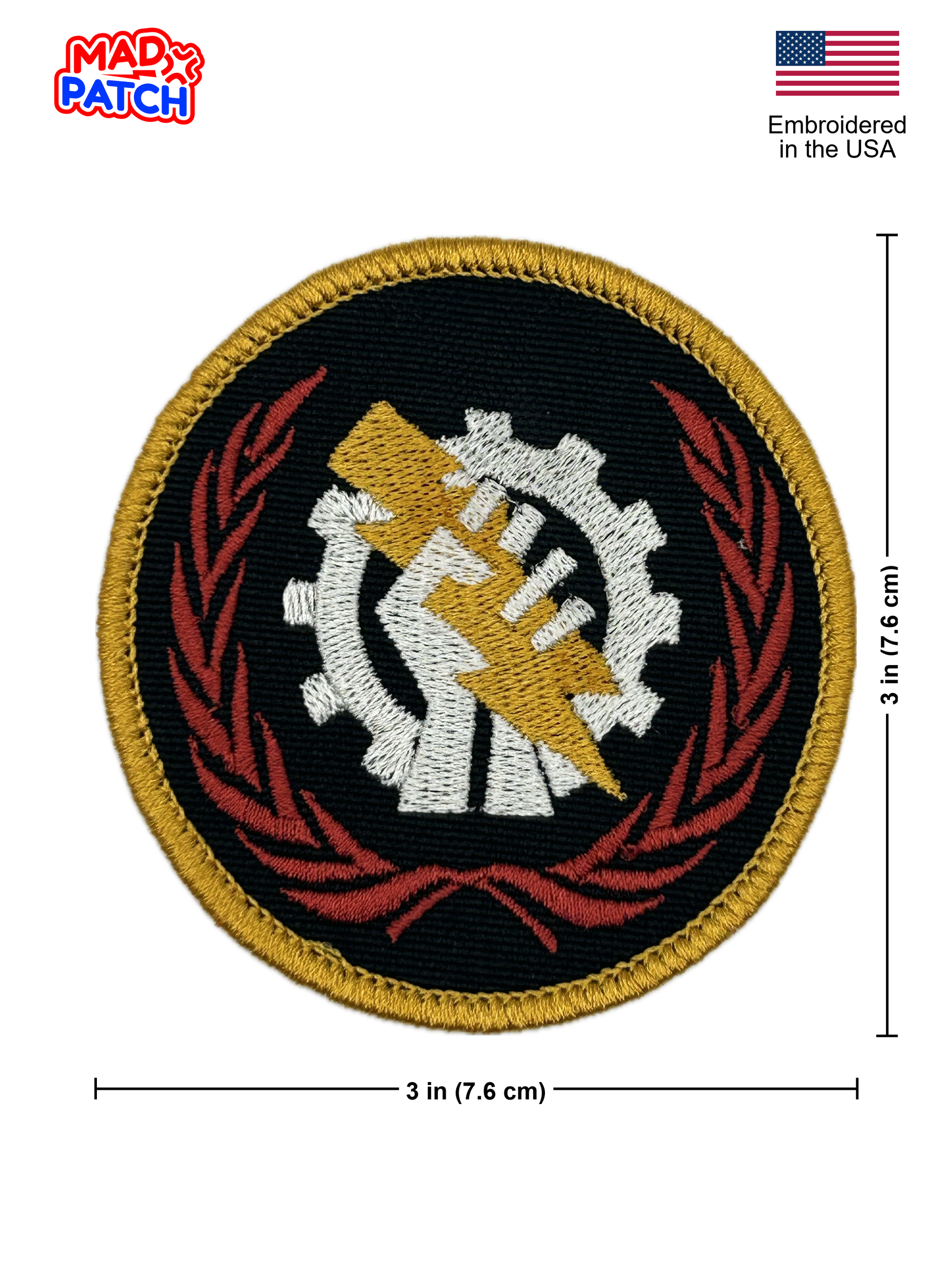Round patch with gear and hand design, embroidered in the USA, on a white background.