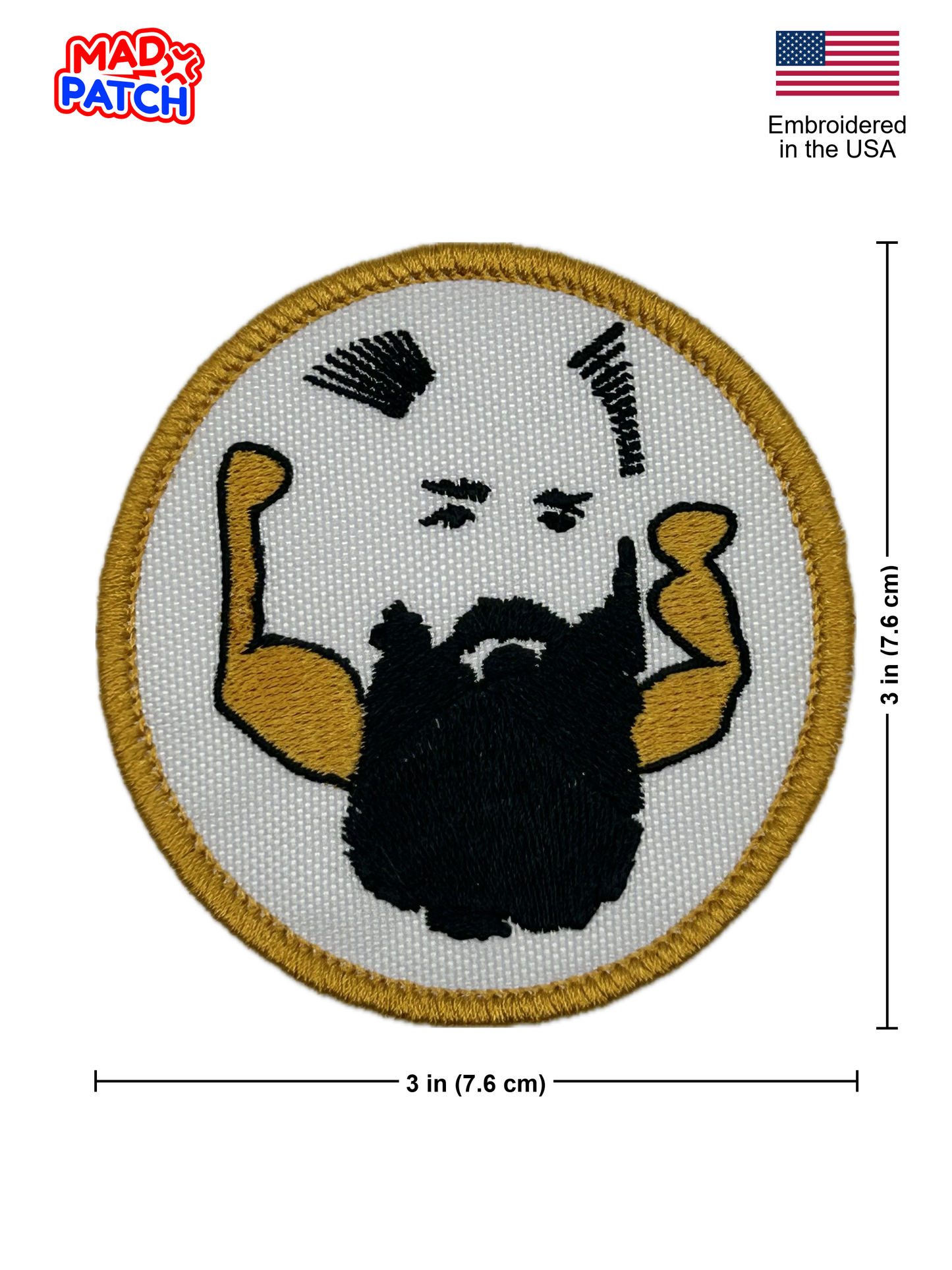 Patch with a design of a face with a beard and arms raised, on a white background with dimensions.