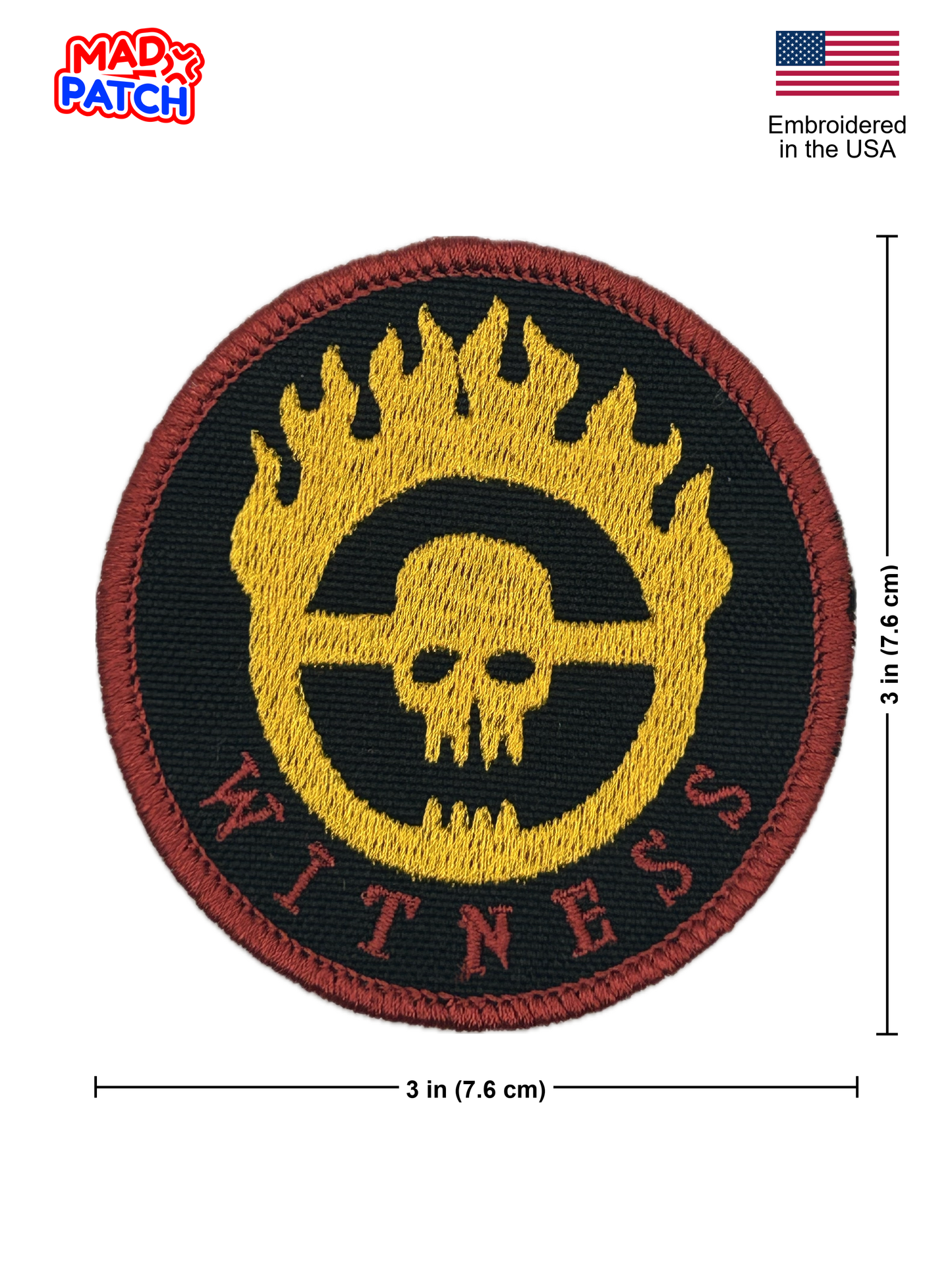 Round patch with skull design and 'Witness' text, embroidered in the USA, on a white background.