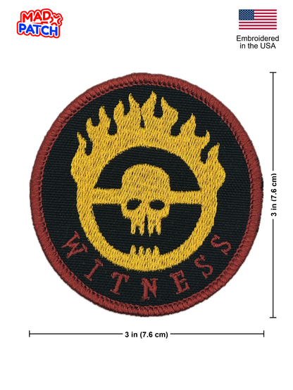 Round patch with skull design and 'Witness' text, embroidered in the USA, on a white background.