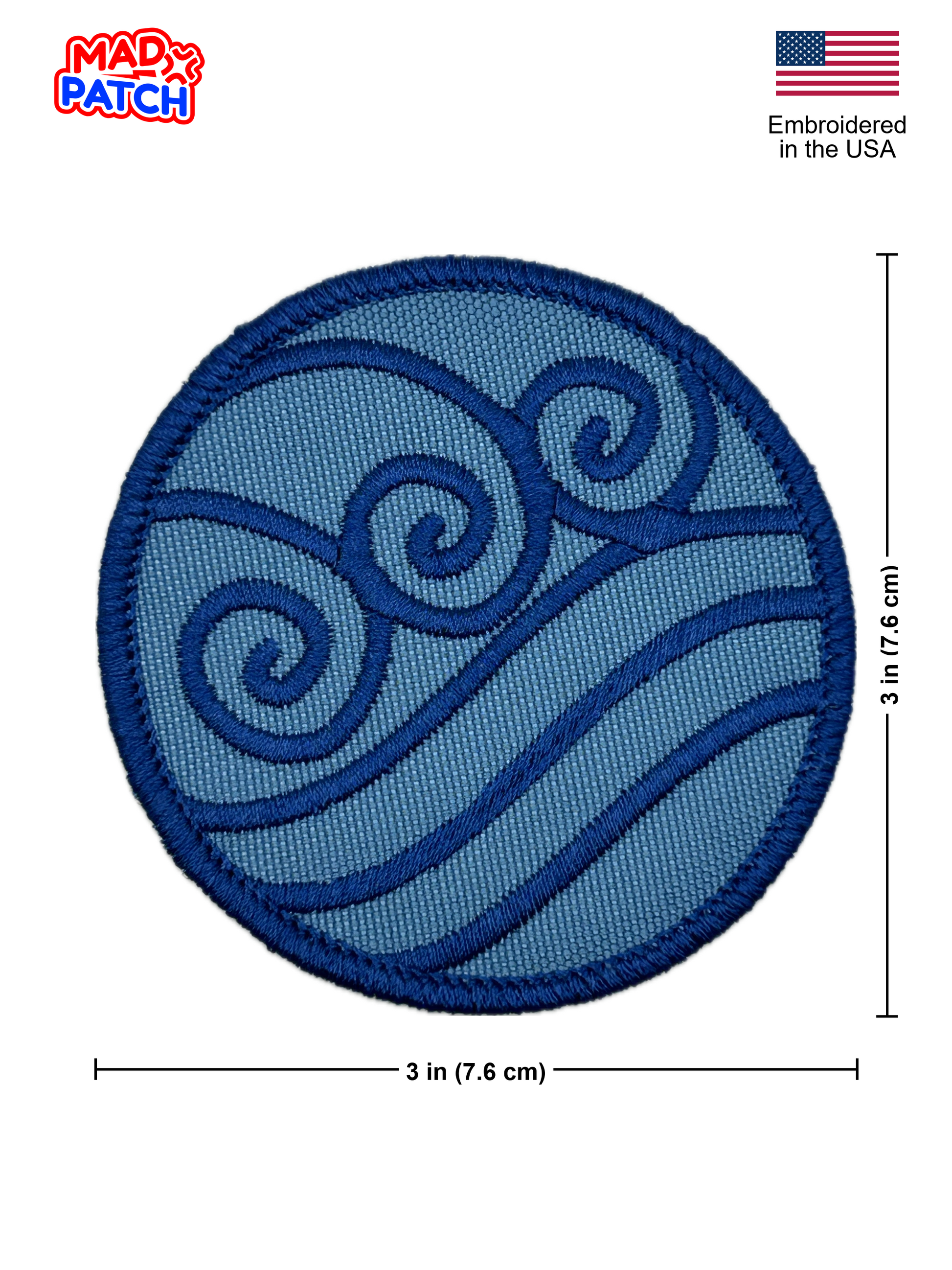 Blue circular patch with wave design, embroidered in the USA, on a white background.
