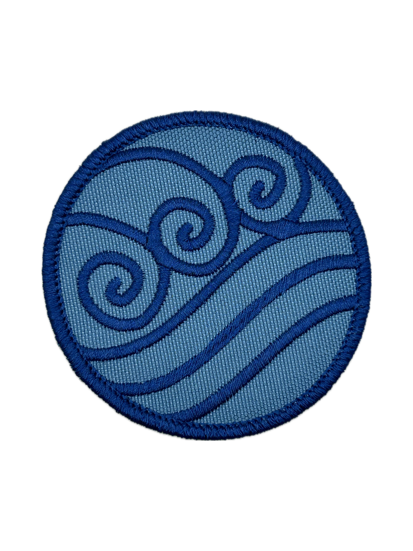 Blue circular waterbending patch with wave design on a white background