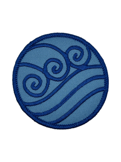 Blue circular waterbending patch with wave design on a white background